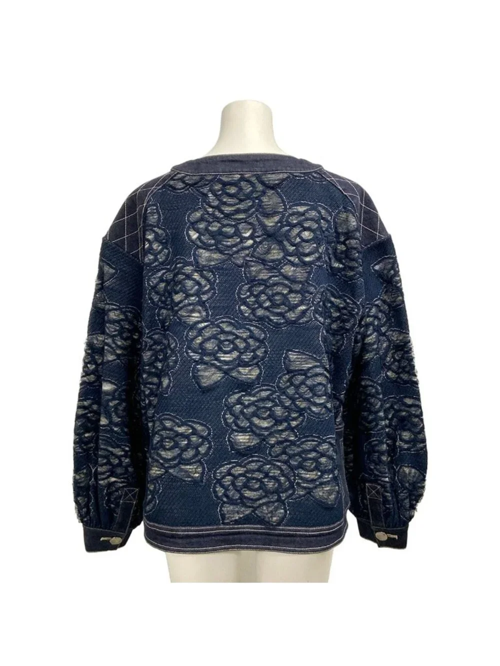 Chanel Long Sleeve Top Navy Ivory Crew Neck Denim Camellia Cotton 38/40